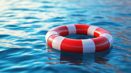 Naklejka premium Red and white life preserver floats calmly on the blue surface of water, symbolizing safety and rescue. The contrast of colors highlights its importance.