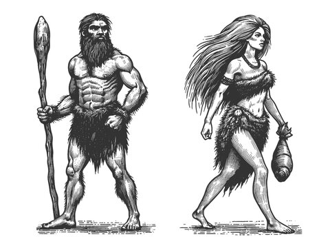 muscular caveman with a spear and a cavewoman holding a club, both wearing fur clothing sketch engraving generative ai vector illustration. Scratch board imitation. Black and white image.
