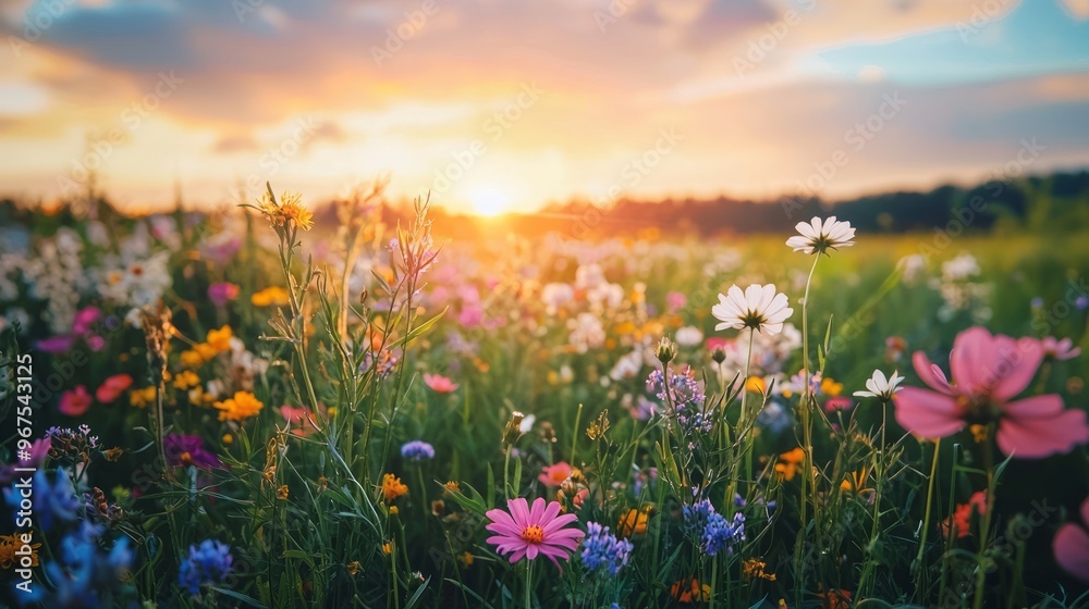 Sticker Vibrant wildflowers in a field at sunset, with a blurred background of trees and sky.