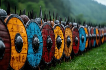 A long row of Viking shields in various colors stands aligned in a lush green field, wet from rain, symbolizing readiness and the historical significance of ancient battles.