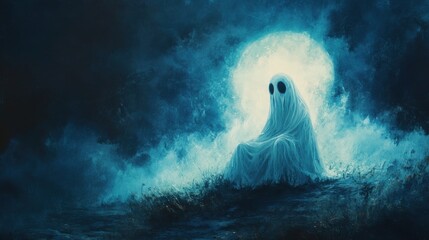 A haunting specter enveloped in mist, illuminated by a mystical glow. An eerie representation of the supernatural world.