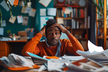 A man sitting at a desk cluttered with papers and a calendar, looking overwhelmed but focused, representing the challenge of balancing multiple tasks and deadlines.