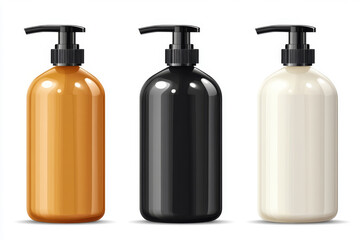 a set of plastic bottles with pumps for lotion, cream or shampoo, highlighted on a white background.