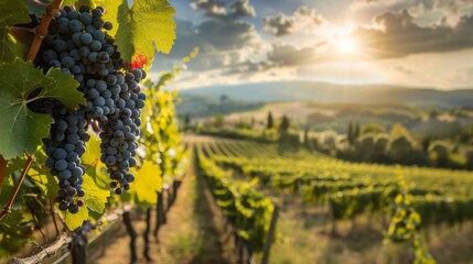 Vineyard Sunrise: Grapes in Focus with Hills and Sunlight in the Background