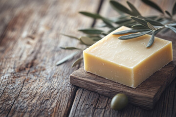 Soap on a wooden background with an olive branch, close-up. Natural handmade soap with olive oil. The concept of healthy skin care.