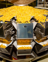 Pasta factory. Close-up of raw pasta on machines and conveyor. Pasta production equipment. Modern manufacturing plant of the pasta industry.