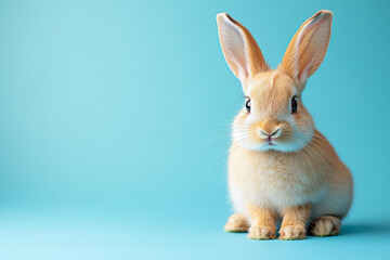 Obraz premium Cute rabbit with big full-length ears on a blue background.