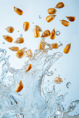 Corn kernels splashing into water with blue background
