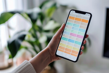 A hand holding a smartphone with a time management app open, showcasing a well-organized schedule and to-do list on blurred office background.