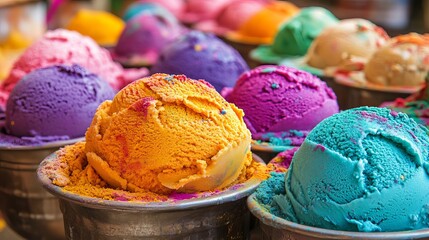 Indian Holi festival features vibrant ice cream-shaped colors. Celebrate Holi with colorful gulal (powder) to bring joy and happiness.