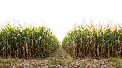 Rows of corn stretching towards the horizon in a rural field isolated on transparent background