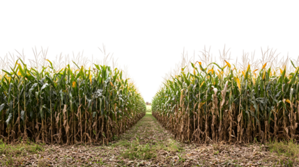 Rows of corn stretching towards the horizon in a rural field isolated on transparent background