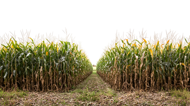 Rows of corn stretching towards the horizon in a rural field isolated on transparent background