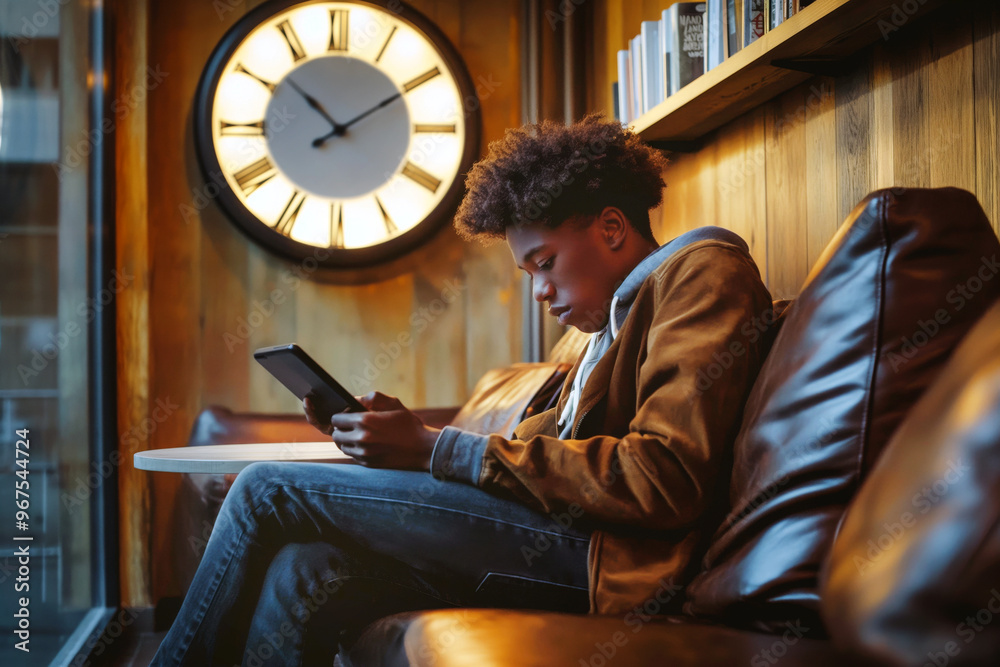 Wall mural a young professional using a tablet with a project management app, seated in a co-working space with