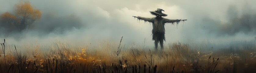 A lone scarecrow stands in a misty field, surrounded by golden grass and trees, evoking a mysterious and tranquil atmosphere.