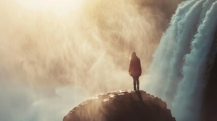 A person stands on a rocky edge, gazing at a majestic waterfall and mist. Nature’s beauty captivates the spirit and mind of all who see.