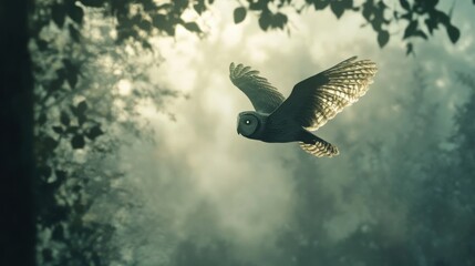 A majestic owl soaring through a misty forest, illuminated by soft light, creating a serene atmosphere of nature's beauty.