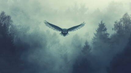 A majestic owl soaring through a misty forest, capturing the essence of wilderness and the beauty of nature's silent moments.