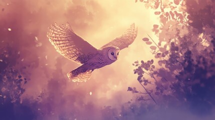 A majestic owl soaring through a mystical forest with soft, ethereal light illuminating its flight.