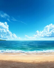 Obraz premium A serene beach scene featuring gentle waves, golden sand, and a bright blue sky filled with fluffy clouds, perfect for relaxation.