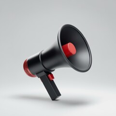3D Render of a Black and Red Megaphone Isolated on a Light Background..