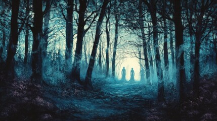 A mysterious and atmospheric scene in a dark forest, featuring vague silhouettes walking through fog and shadows.