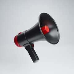 3D Render of a Black and Red Megaphone Isolated on a Light Background..