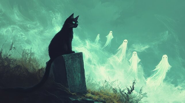 A mysterious black cat gazes at ethereal ghosts in a foggy landscape, blending an aura of magic and intrigue.