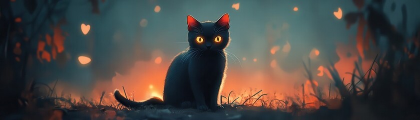 A mysterious black cat with glowing eyes sits amidst an enchanting forest filled with soft lights and autumn colors.
