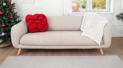 A relaxed living room features a beige sofa adorned with a red pillow and a knitted throw, while a decorated Christmas tree fills the space with festive cheer and presents below