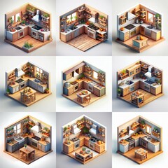 Naklejka premium A collection of isometric kitchens with different layouts and details.