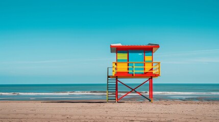 Colorful Lifeguard Tower on a Sunny Beach with Clear Blue Sky and Ocean View