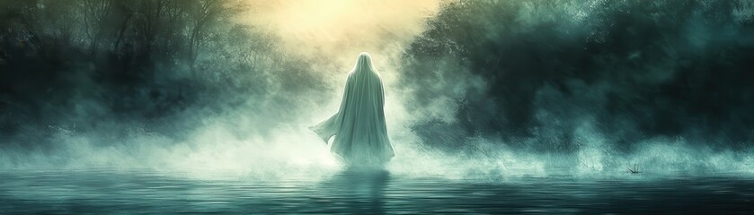 A mysterious figure shrouded in mist stands by a tranquil water body, evoking intrigue and a sense of calm.