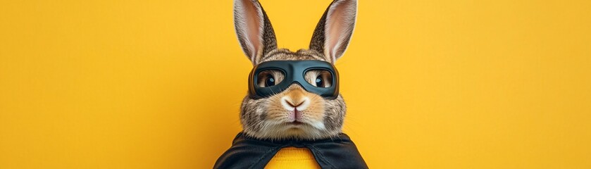 Rabbit wearing a batman cape and mask on a miniature Gotham City set, [batman rabbit], [superhero pet].