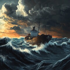 AI generating illustration with a picturesque image of a loaded old cargo ship sailing on a turbulent, undulating dark sea under a background of cloudy sky