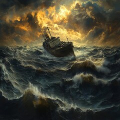 AI generating illustration with a picturesque image of a loaded old cargo ship sailing on a turbulent, undulating dark sea under a background of cloudy sky
