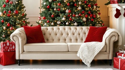 A relaxed living room features a beige sofa adorned with a red pillow and a knitted throw, while a decorated Christmas tree fills the space with festive cheer and presents below