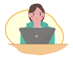 パソコンをする女の子。ベクターイラスト