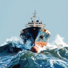 Generative AI illustration with picturesque of old loaded cargo ship sailing on turbulent wavy sea under clear skies background 