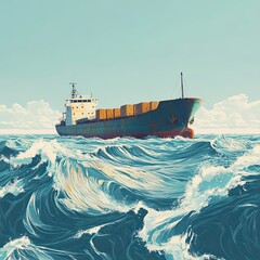 Generative AI illustration with picturesque of old loaded cargo ship sailing on turbulent wavy sea under clear skies background 