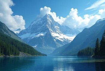 Fototapeta premium Majestic snow-capped mountain range towers above serene alpine lake, surrounded by lush green forest, under a vivid blue sky with wispy white clouds