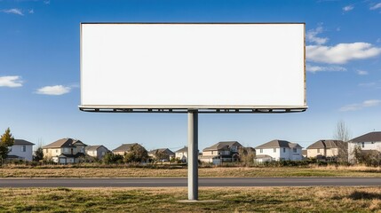 Obraz premium An empty billboard in a suburban area, with residential houses in the background The photorealistic scene offers blank space on the billboard for neighborhood announcements or ads