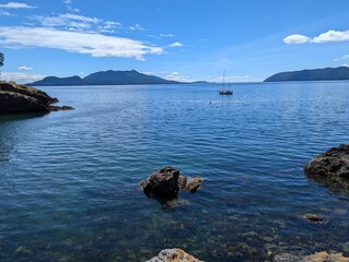 Scenic view from Orcas Island, Washington, USA to the Rosario Strait