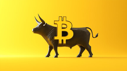 bull figure silhouette with bitcoin logo on yellow background