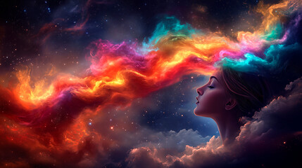 A dreamlike scene where a woman's imagination flows into vibrant colorful clouds illuminating the night sky with creativity and inspiration