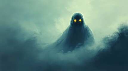 A mysterious ghostly figure emerges from the fog, with glowing yellow eyes, creating an eerie and haunting atmosphere.