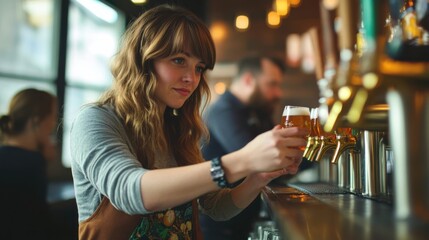 A female bartender serving a flight of craft beers, her knowledge of each brew impressing