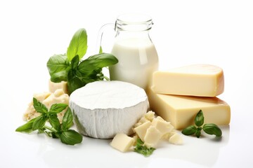 Various dairy products with fresh herbs on a white background promoting natural ingredients