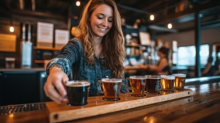A female bartender serving a flight of craft beers, her knowledge of each brew impressing
