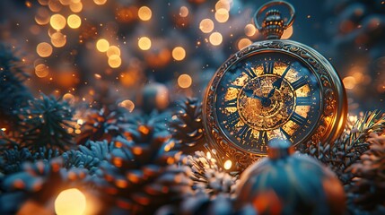 A clock striking midnight, signaling the arrival of 2025, surrounded by sparkling decorations. Capture the magical moment of the New Year